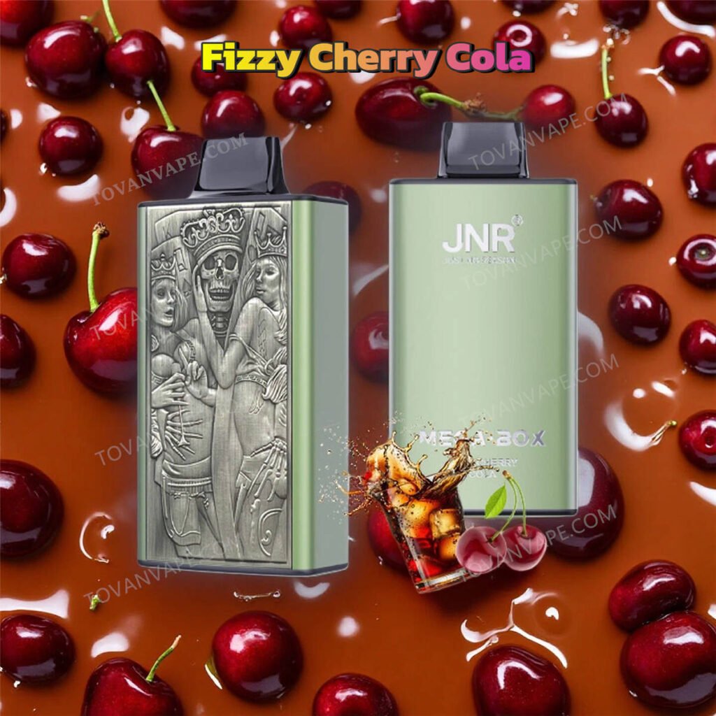 jnr mega box 25k fizzy cherry cola vape, placed next to fresh red cherries and refreshing cola elements