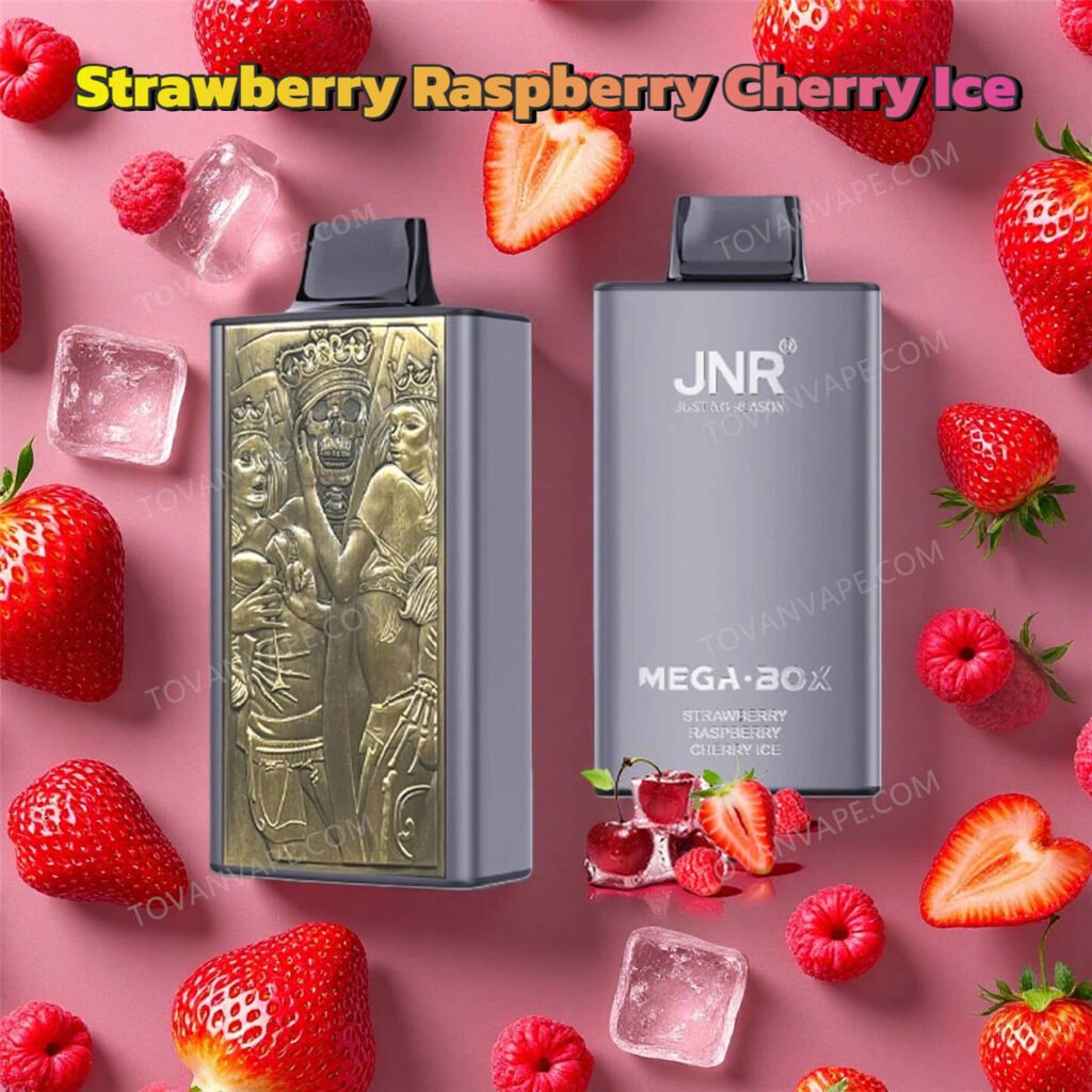 jnr mega box 25k strawberry raspberry cherry ice flavor, placed next to frozen strawberries, raspberries, and ripe cherries