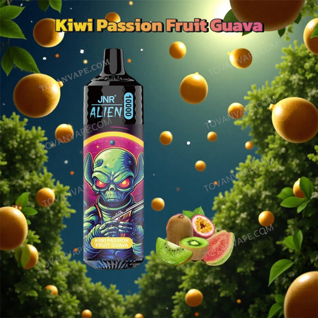 kiwi passion fruit guava flavored jnr alien 10k e cigarette, placed alongside green kiwis, passion fruit, and fresh guava