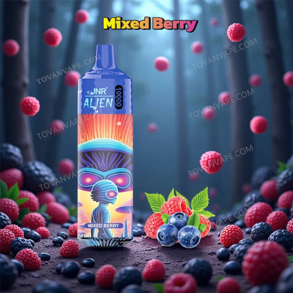 mixed berry flavored jnr alien 10k e cigarette, placed alongside ripe strawberries, blueberries, and raspberries