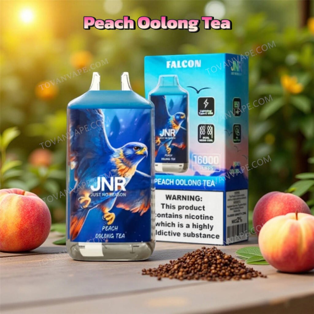 peach oolong tea flavored jnr falcon 16k vape, featuring fresh peaches and green tea leaves peach oolong tea flavored jnr falcon 16k vape, featuring fresh peaches and green tea leaves