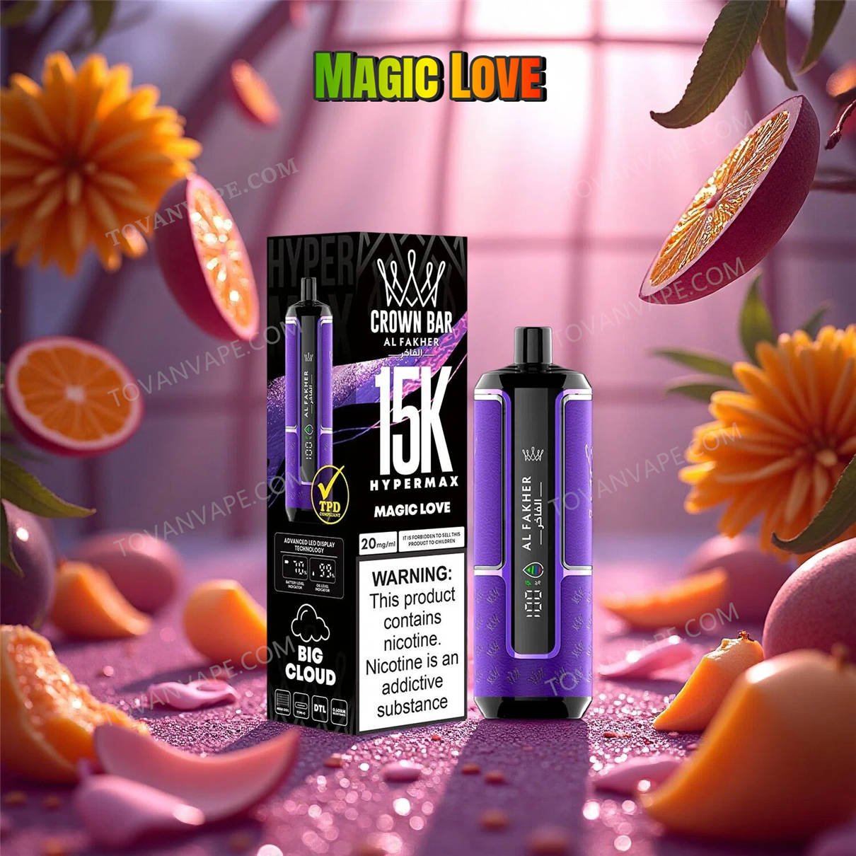 presentation of the al fakher crown bar 15k hypermax magic love edition, surrounded by exotic tropical fruits and sweet melon