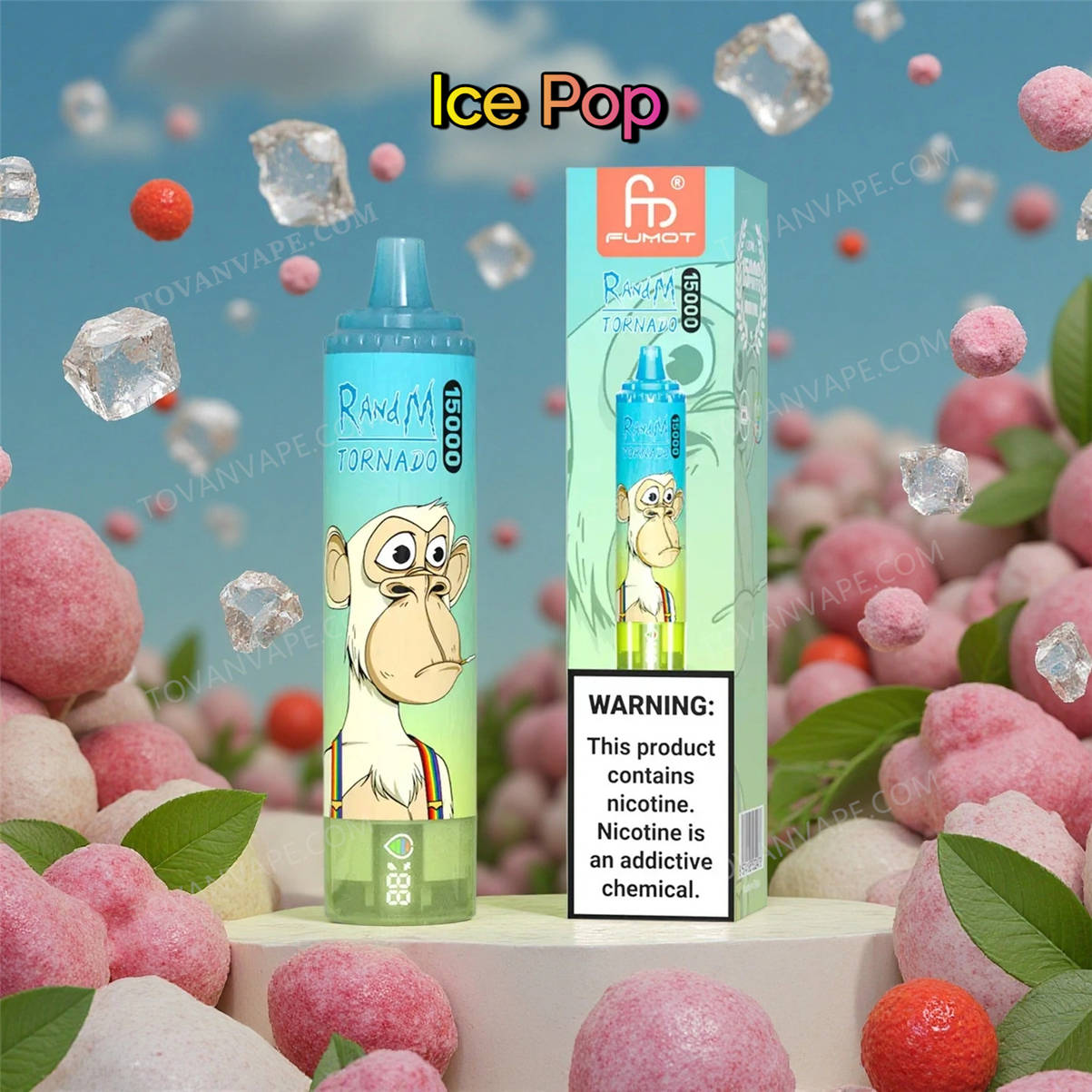 des mangues mûres et jaunes et des glaçons disposés autour des modèles vozol rave 40k et mango ice randm tornado 15k ice pop accompagnés de ice pop aux fruits colorés, de cerises et de baies