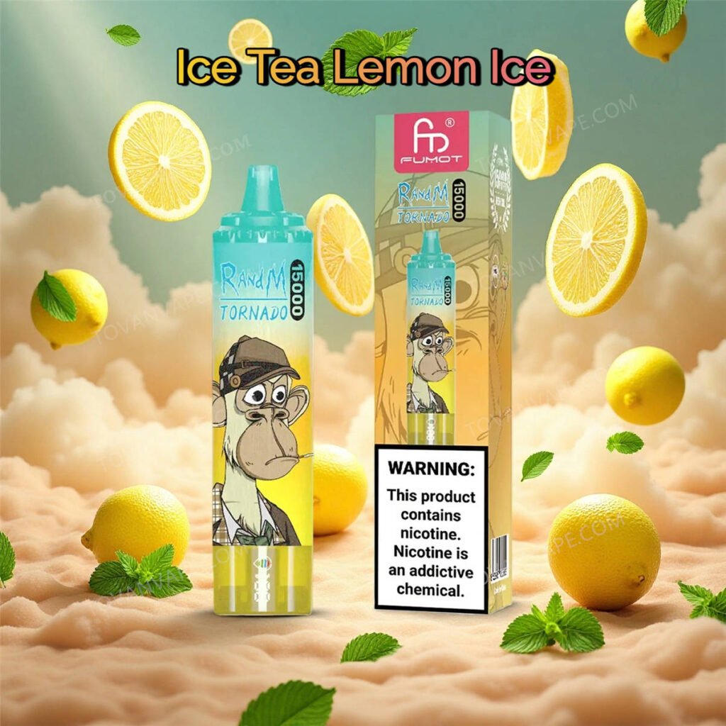 randm tornado 15k e ice tea lemon ice esposti accanto a fette di limone fresco, foglie di tè e ghiaccio randm tornado 15k e ice tea lemon ice esposti accanto a fette di limone fresco, foglie di tè e ghiaccio
