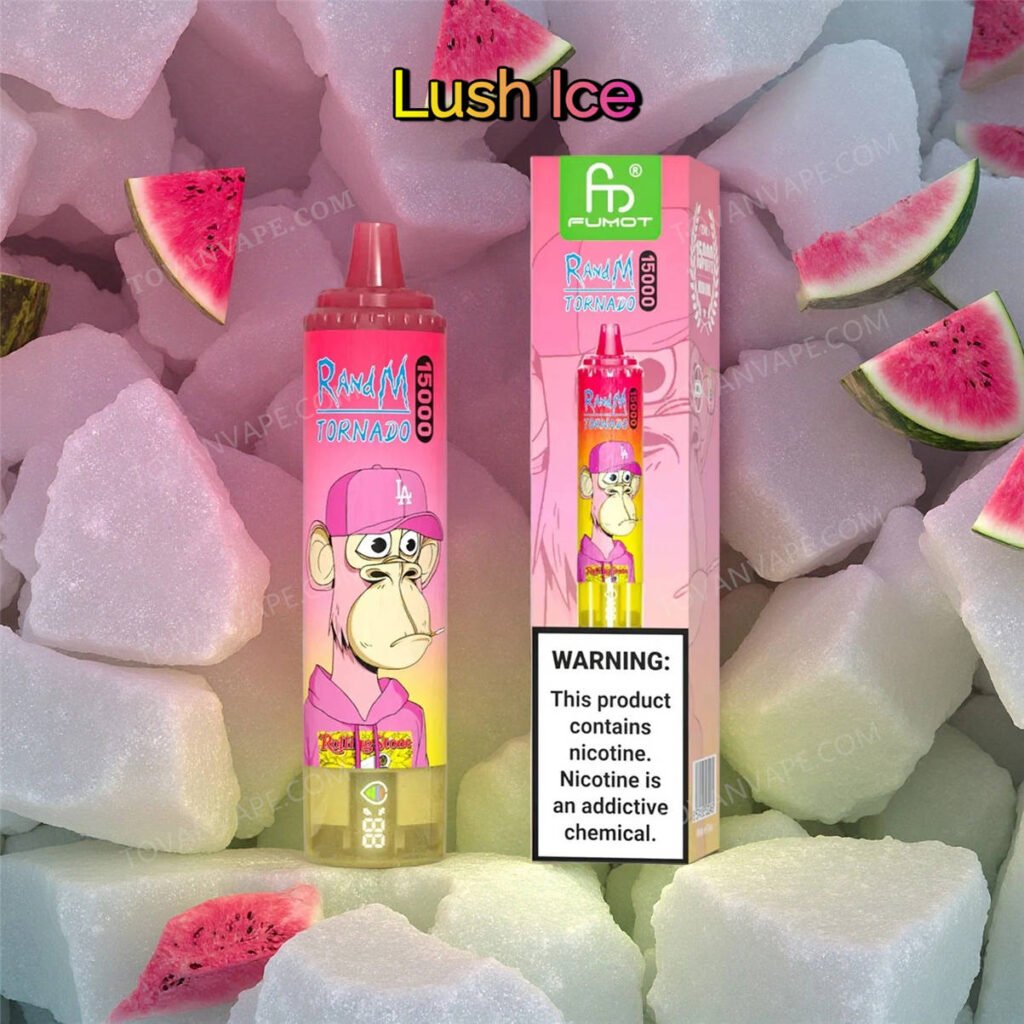 randm tornado 15k lush ice su uno sfondo di fette di anguria rossa fresca e cubetti di ghiaccio freschi