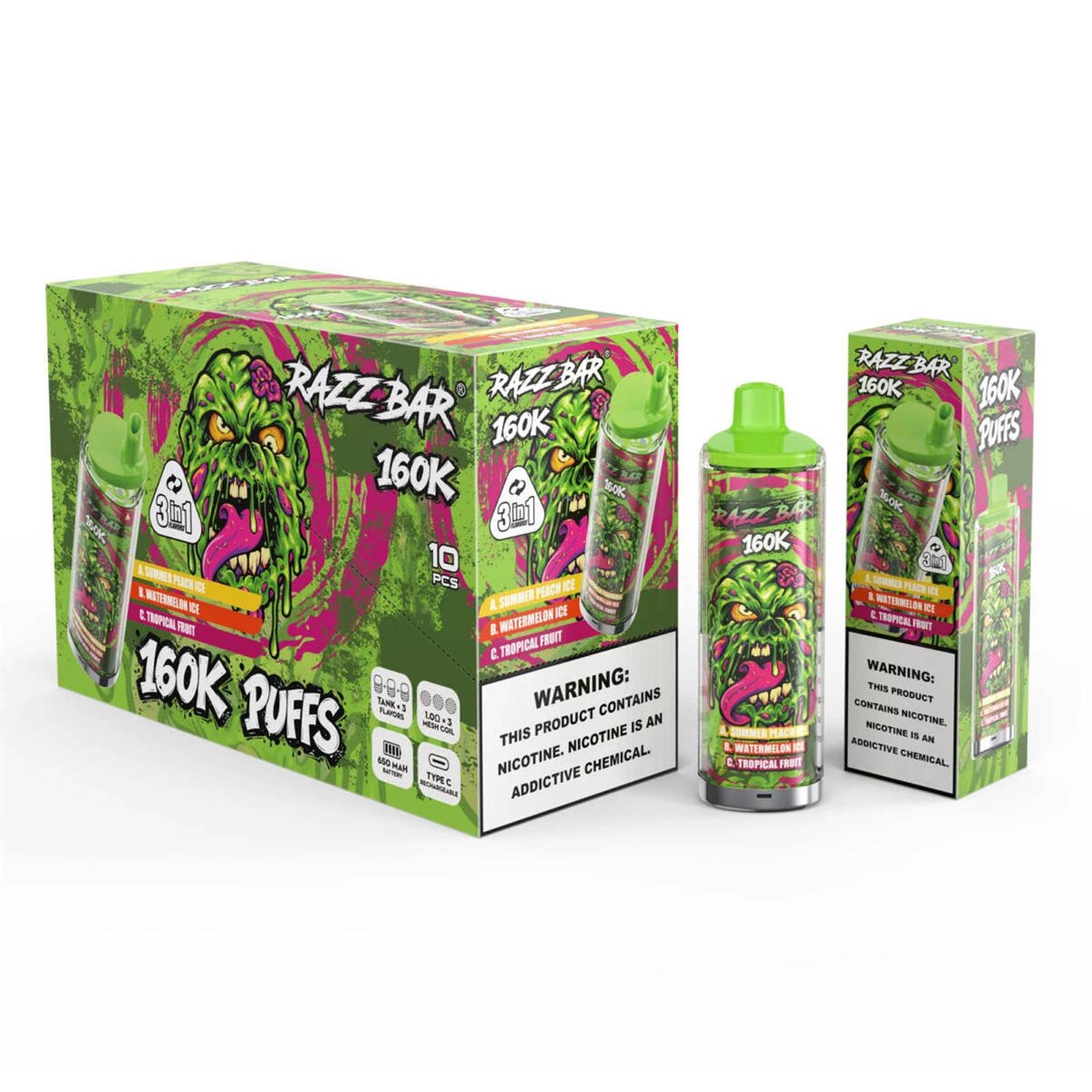razz bar 160k summer peach ice - watermelon ice - tropical fruit
