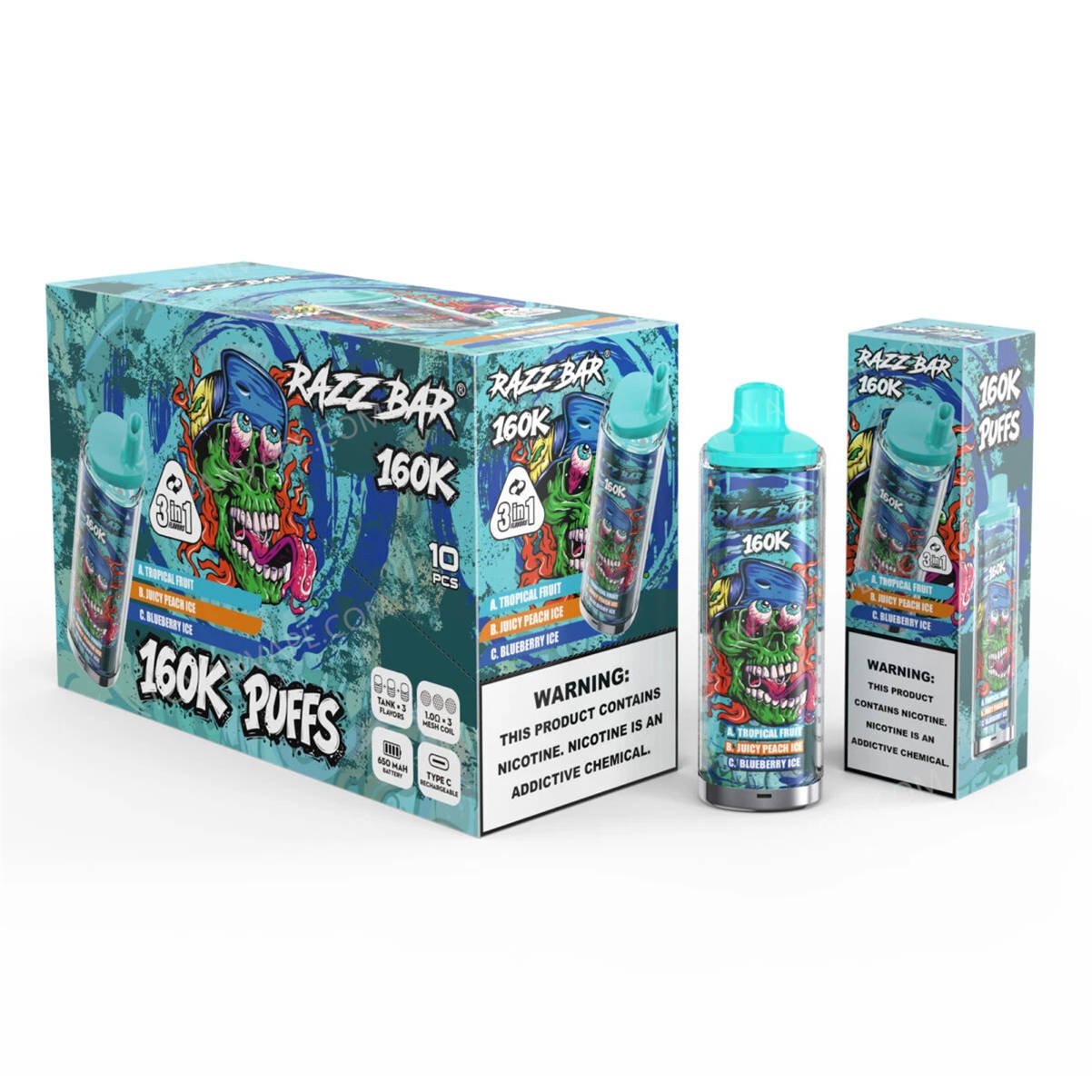 razz bar 160k tropical fruit - juicy peach ice - blueberry ice