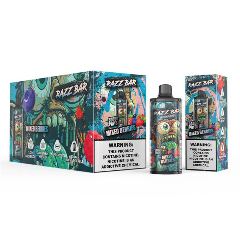 razz bar 30000 mixed berries with its single retail box and 10 pack carton