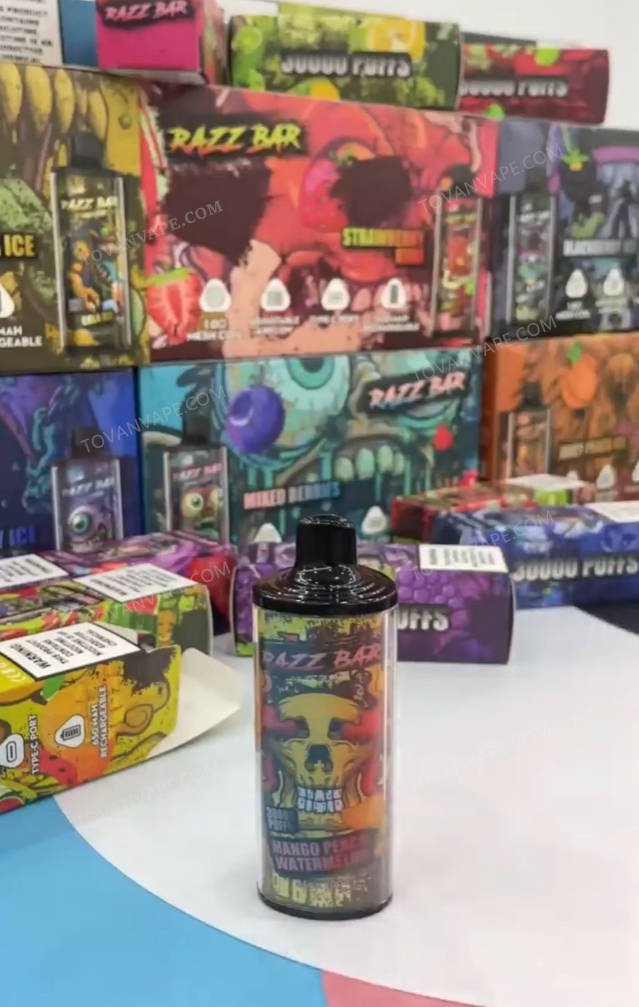 razz bar 30000 resting on a table, with multiple flavor vape boxes in the background razz bar 30000 resting on a table, with multiple flavor vape boxes in the background
