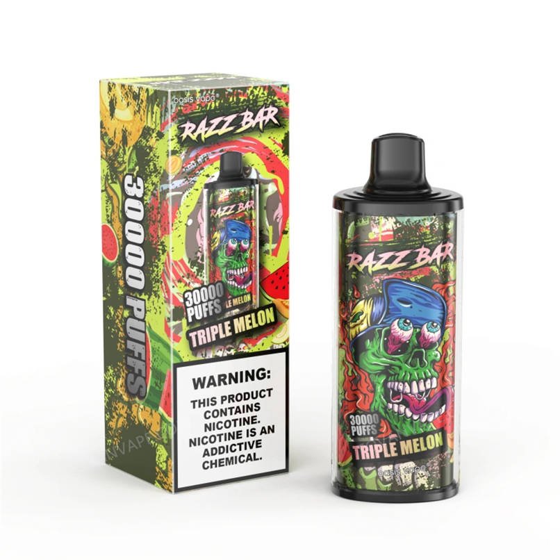 razz bar 30000 triple melon flavor shown next to its single retail packaging box razz bar 30000 triple melon flavor shown next to its single retail packaging box