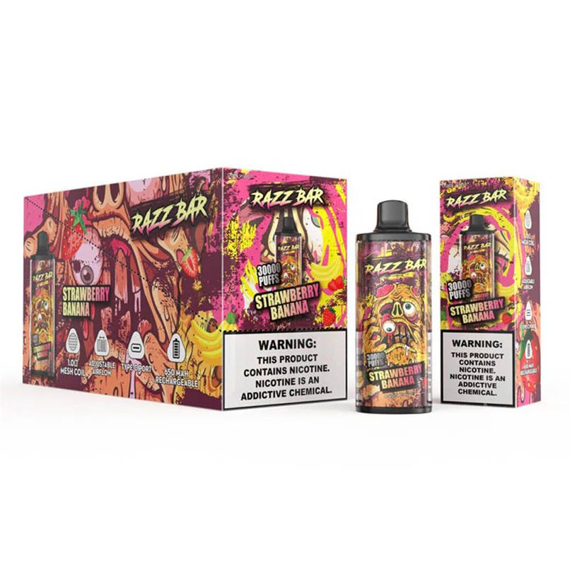razz bar 30k strawberry banana alongside its single box and a 10 piece display set