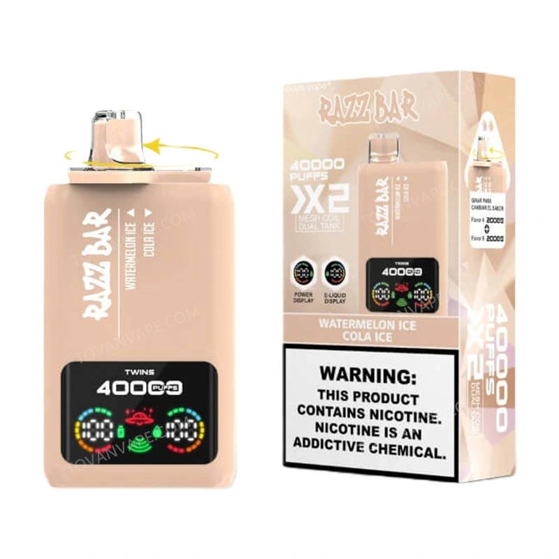 Dispositivo a doppia versione razz bar 40000, watermelon ice e cola ice e confezione per la vendita al dettaglio
