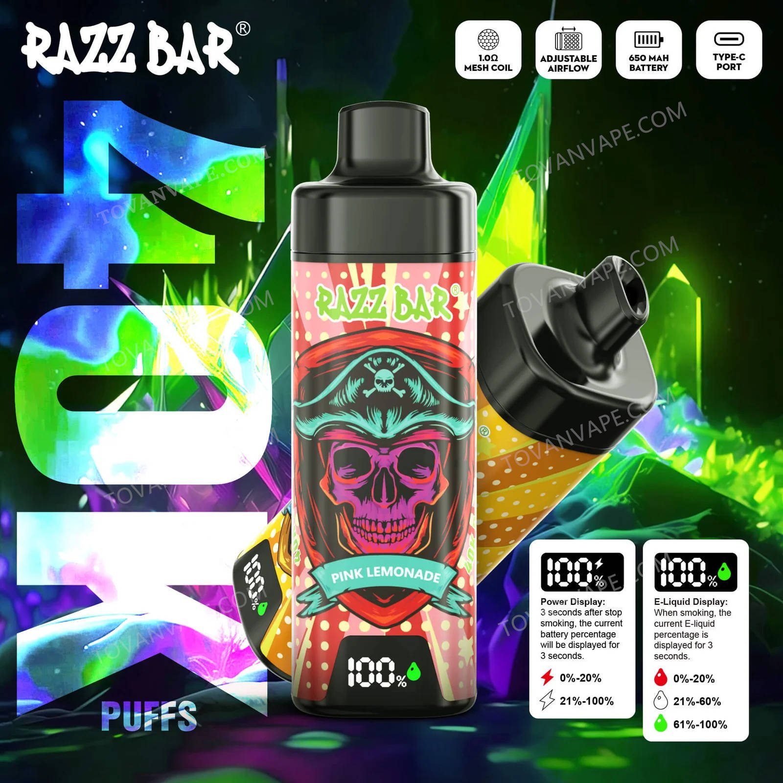 razz bar 40k mit Display, das den Ladezustand des Akkus und den Füllstand der E-Flüssigkeit anzeigt