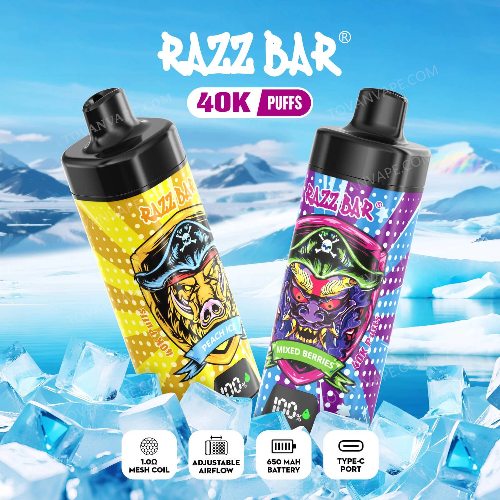razz bar 40k mit Bildschirm, auf dem die erfrischenden Eisgeschmacksrichtungen hervorgehoben werden