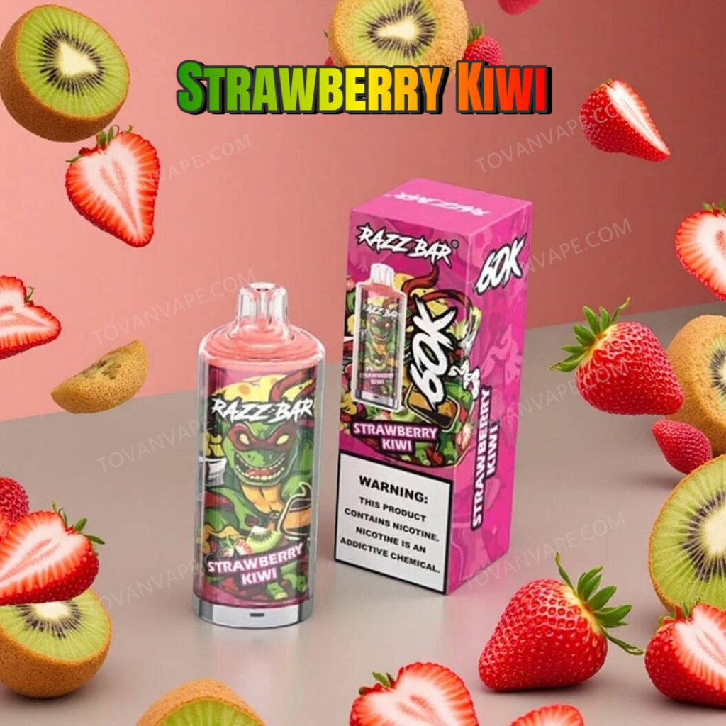 razz bar 60k strawberry kiwi circondati da fette di kiwi dal colore verde fresco e fragole succose