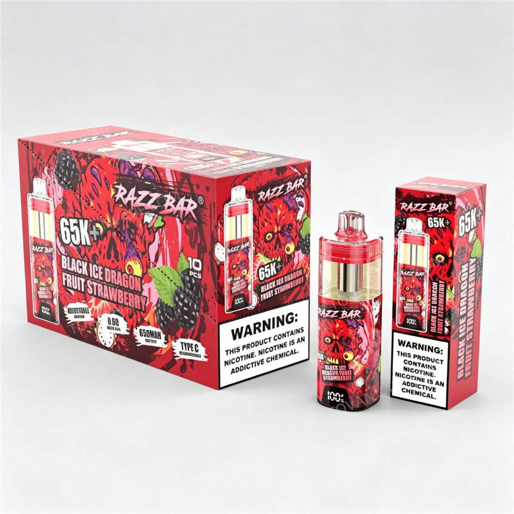 razz bar 65k+ black ice dragon fruit strawberry, shown with single packaging and 10 pack box razz bar 65k+ black ice dragon fruit strawberry, shown with single packaging and 10 pack box