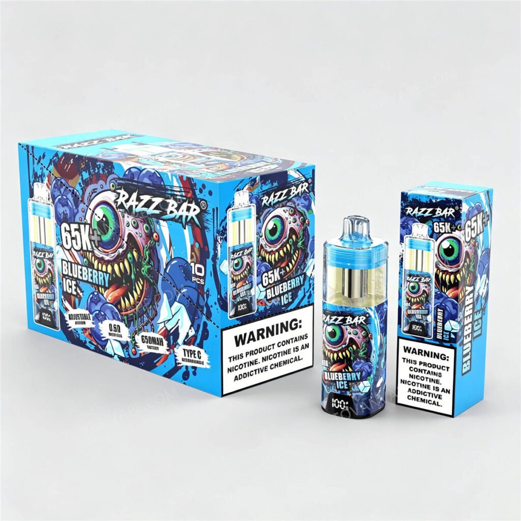 razz bar 65k+ in blueberry ice, insieme alla confezione singola per la vendita al dettaglio e al cartone espositore da 10 pezzi