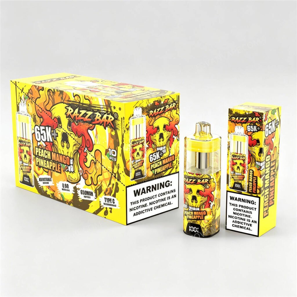 razz bar 65k+ peach mango pineapple, raffigurati con confezione singola e espositore da 10 pezzi