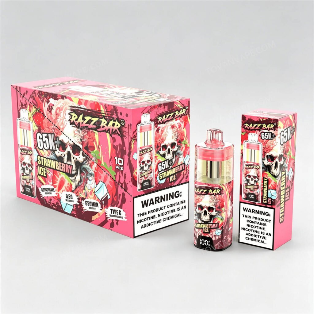 razz bar 65k+ strawberry ice, con in evidenza il dispositivo per lo svapo, la confezione singola e la scatola da 10 pezzi