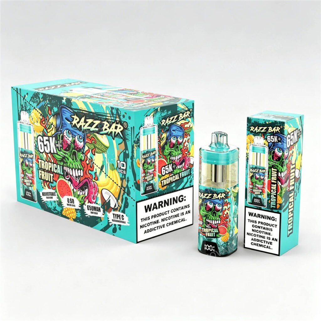 razz bar 65k+ tropical fruit, oltre alla confezione singola standard e alla confezione da 10 pezzi in cartone