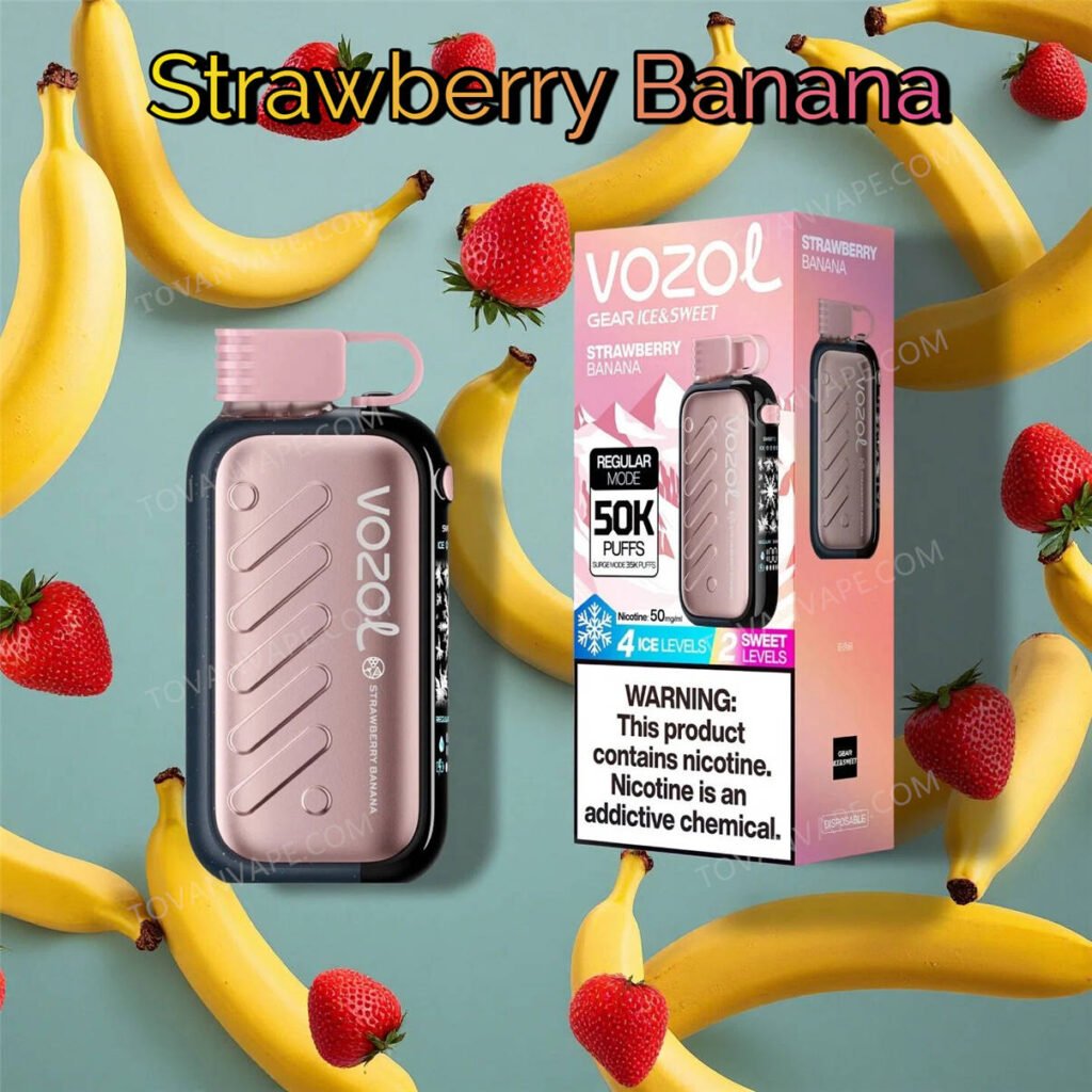 ripe red strawberries and yellow bananas surrounding the vozol gear 50k strawberry banana
