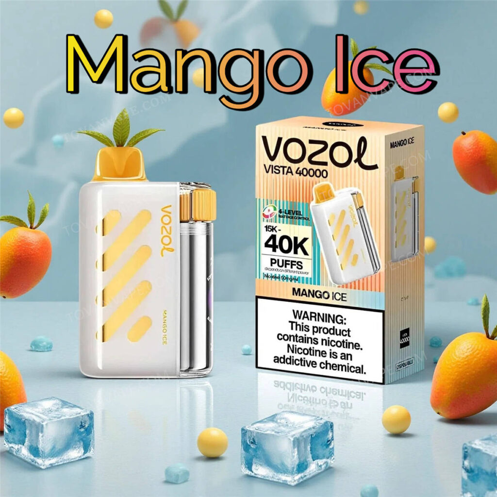 des mangues mûres jaunes et des glaçons placés à côté des modèles vozol vista 40k et mango ice