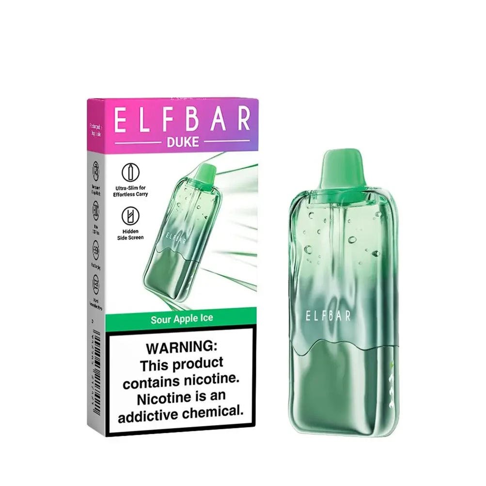sour apple ice und elf bar duke 30000 neben ihrem Verkaufsverpackungskarton