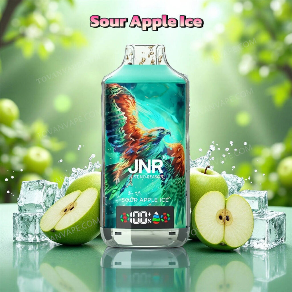 Appareil sour apple ice au goût jnr falcon x 18k, accompagné de pommes vertes croquantes et de cristaux de glace froids