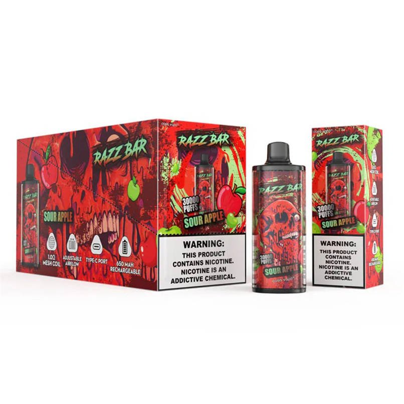 sour apple razz bar 30000 unit presented with individual packaging and a box of ten sour apple razz bar 30000 unit presented with individual packaging and a box of ten