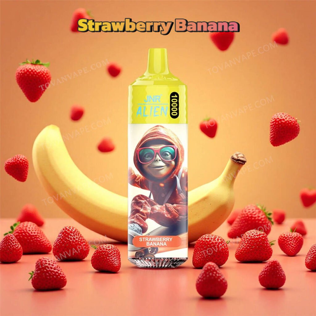 strawberry banana flavored jnr alien 10k e cigarette, placed alongside ripe red strawberries and yellow bananas
