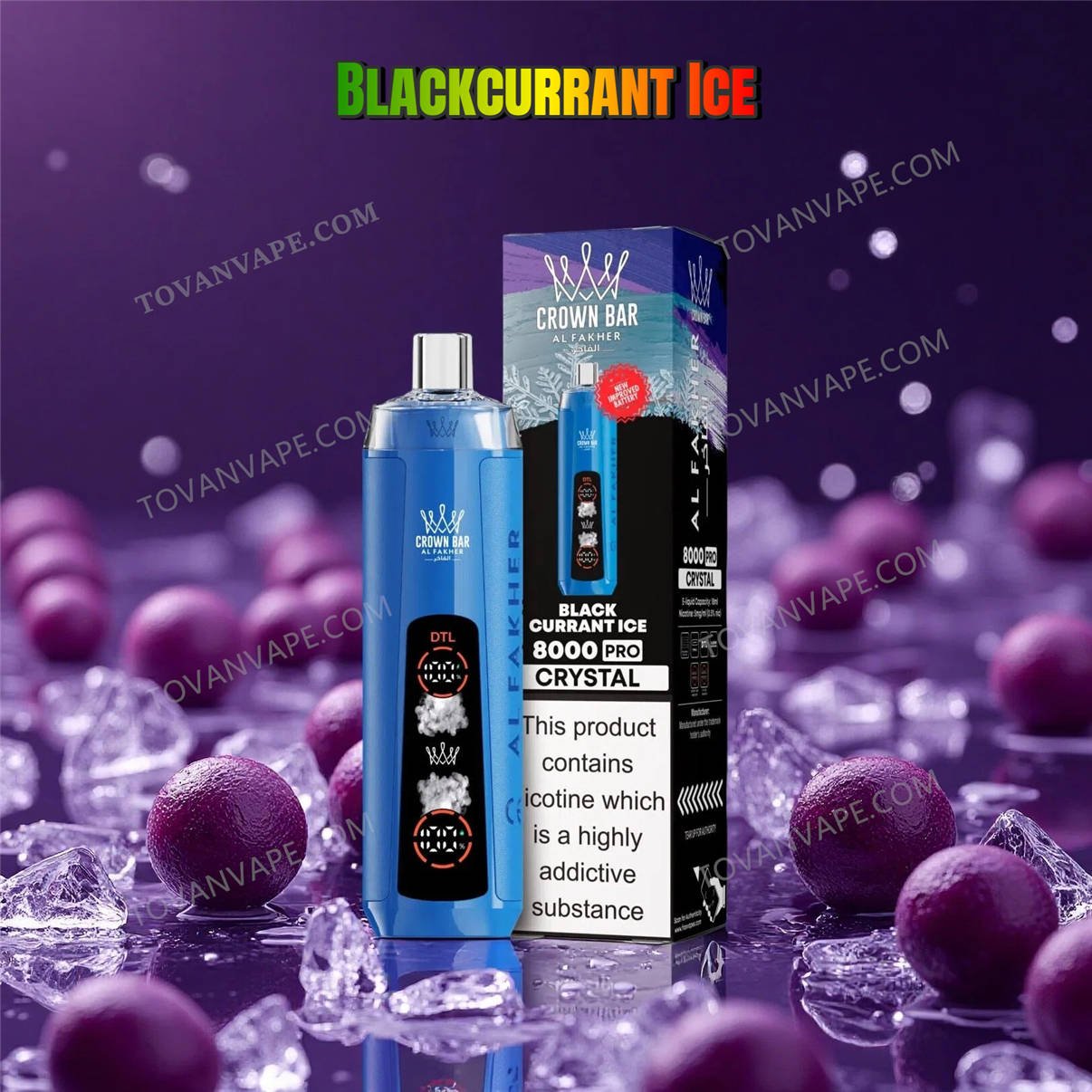 the al fakher 8k crystal in blackcurrant ice flavor, displayed next to ripe dark blackcurrants and clear ice blocks