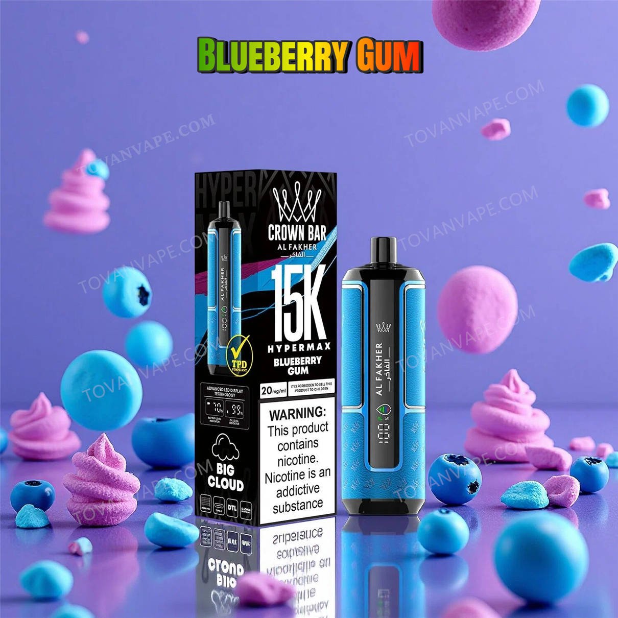 the al fakher crown bar 15k hypermax blueberry gum, presented with fresh blueberries and sweet gum pieces