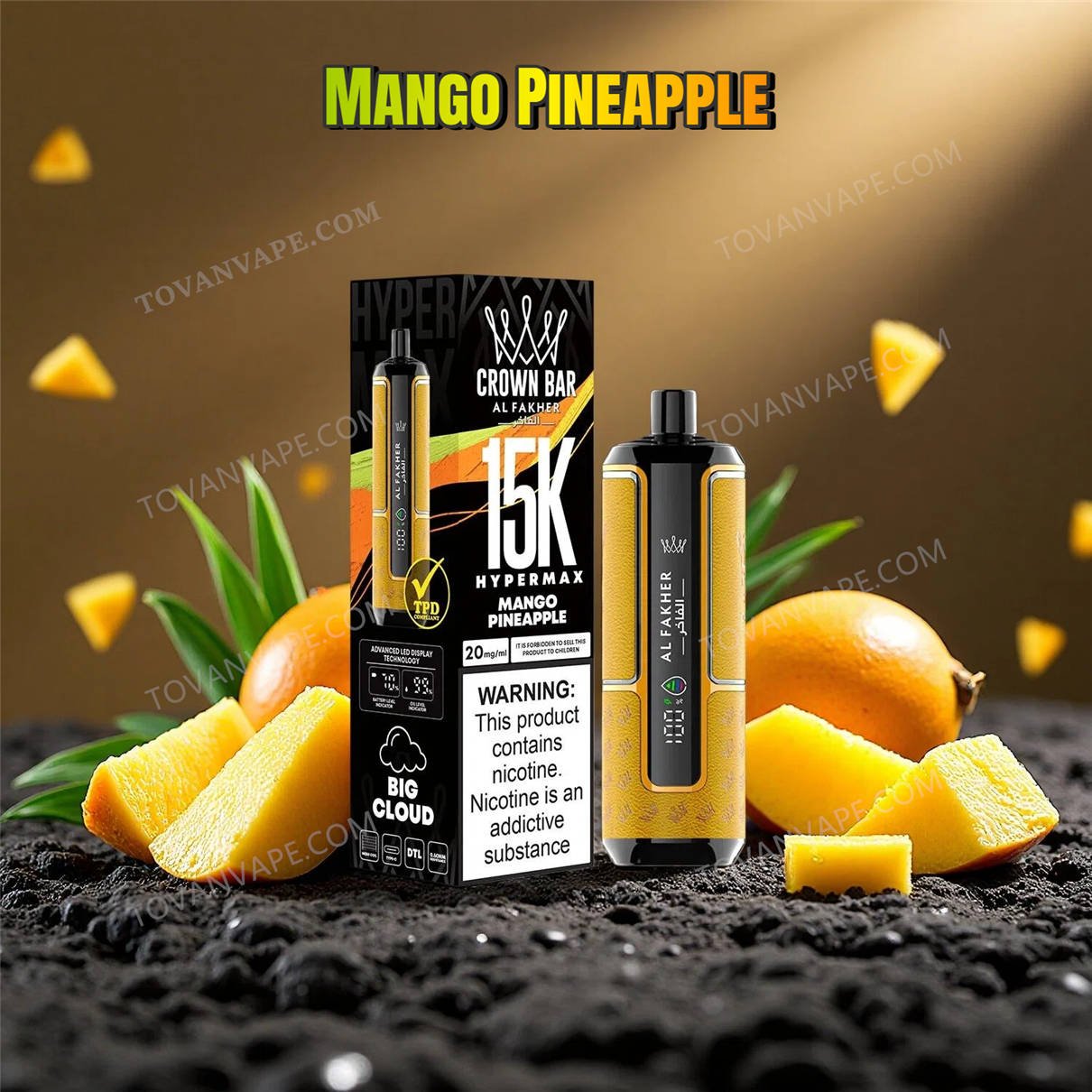 the al fakher crown bar 15k hypermax mango pineapple, displayed next to cut yellow mangoes and fresh pineapples