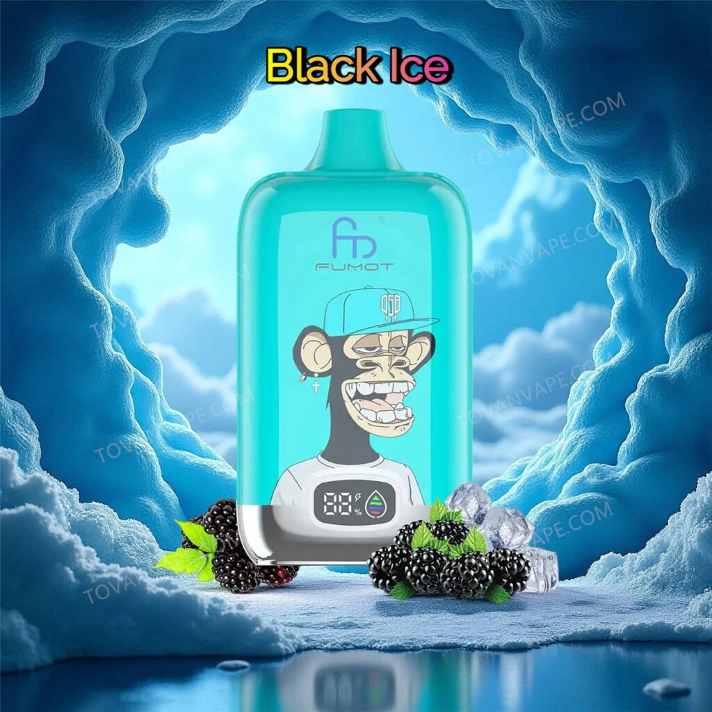 the fumot digital box 12000 black ice vape device, surrounded by dark blackberries and clear frosty ice blocks