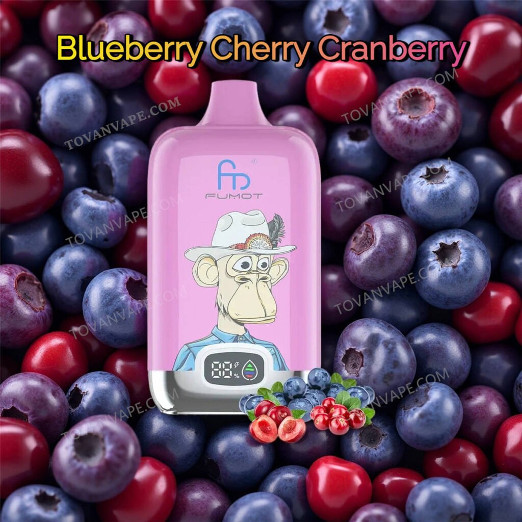 the fumot digital box 12000 blueberry cherry cranberry vape device, shown with a fresh mix of blueberries, cherries, and tart cranberries