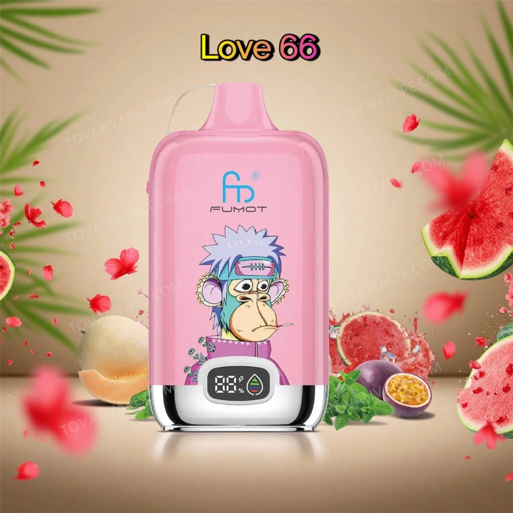 the fumot digital box 12000 love 66 vape device, decorated with sweet melon, fresh passionfruit, and cooling mint leaves