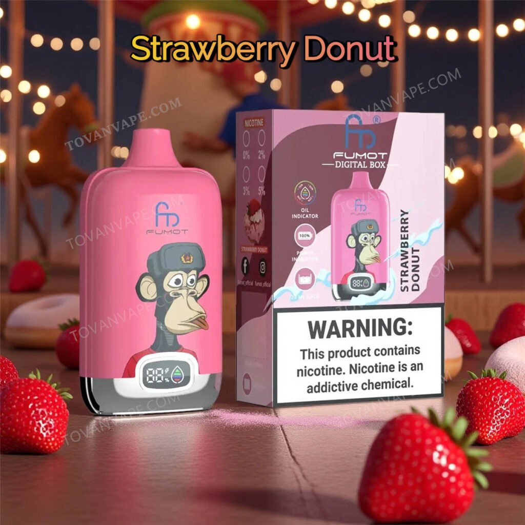 the fumot digital box 12000 strawberry donut vape device, shown with fresh red strawberries and a sweet baked donut