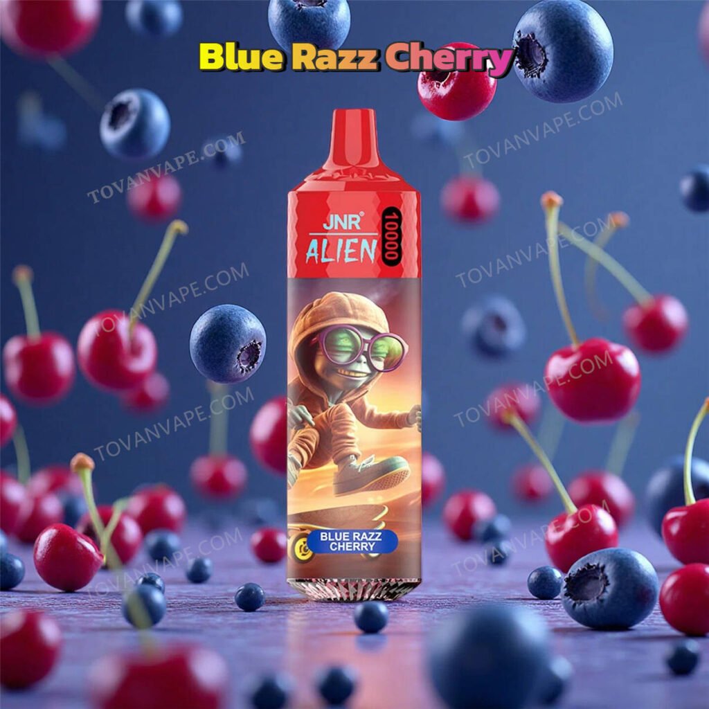 the jnr alien 10k vape in blue razz cherry, featuring blue raspberries and sweet red cherries around the device