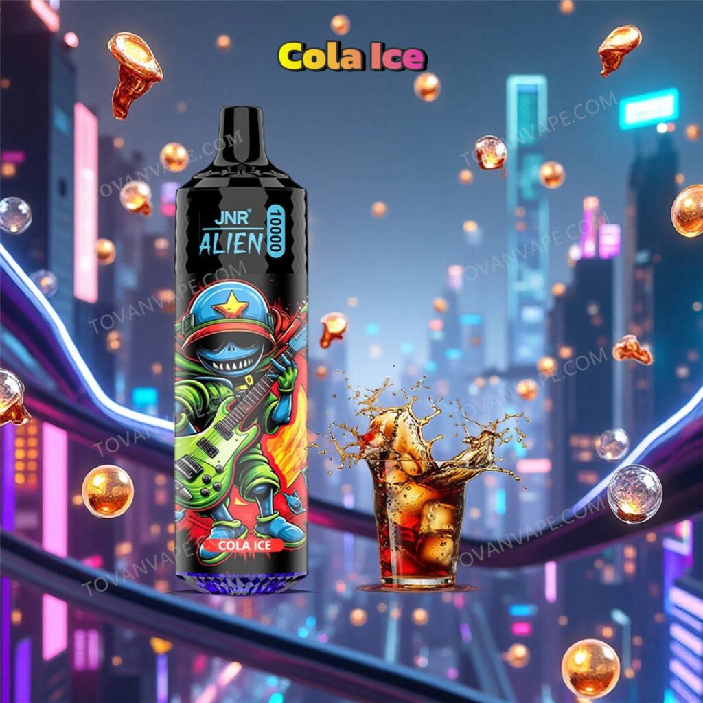 the jnr alien 10k vape in cola ice, featuring cola drink splashes and cold ice chunks around the device