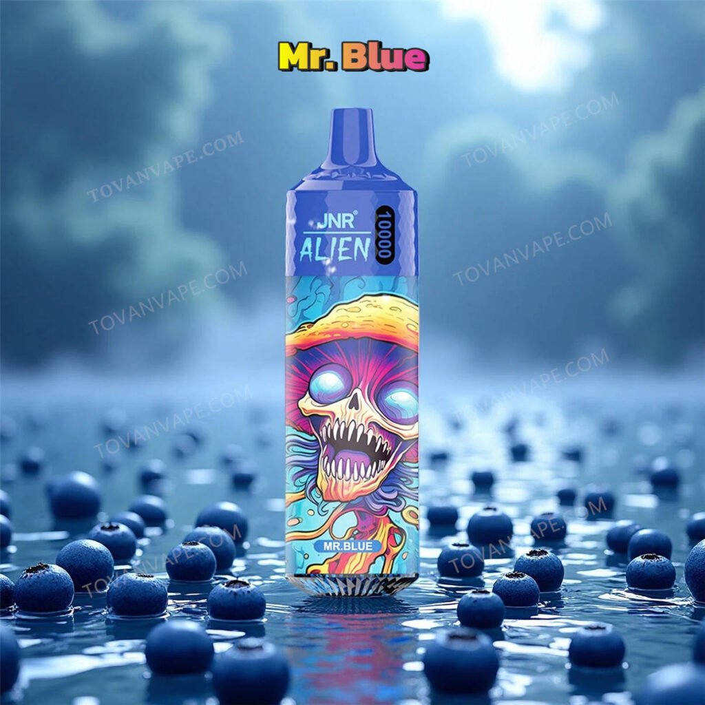 the jnr alien 10k vape in mr blue, featuring dark blackberries, blue raspberries, and blueberries around the device