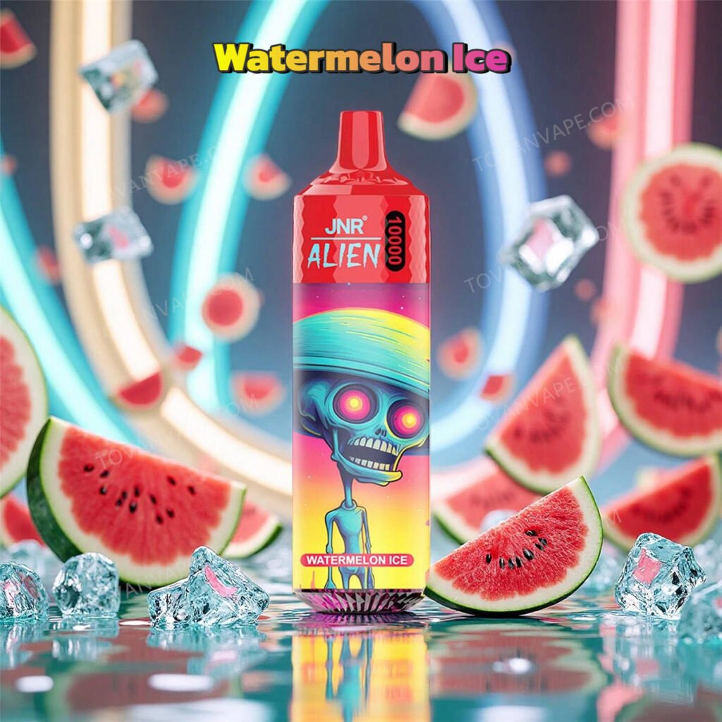 the jnr alien 10k vape in watermelon ice, featuring juicy red watermelon slices and clear ice chunks around the device