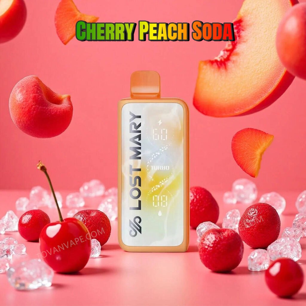 the lost mary mt50k cherry peach soda, perfectly placed among ripe cherries and juicy sliced peaches