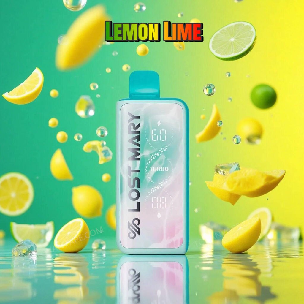 the lost mary mt50k lemon lime electronic cigarette, visually framed by bright yellow lemons and fresh green limes