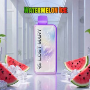 the lost mary mt50k watermelon ice standing upright, mixed with fresh red watermelon slices and clear ice blocks