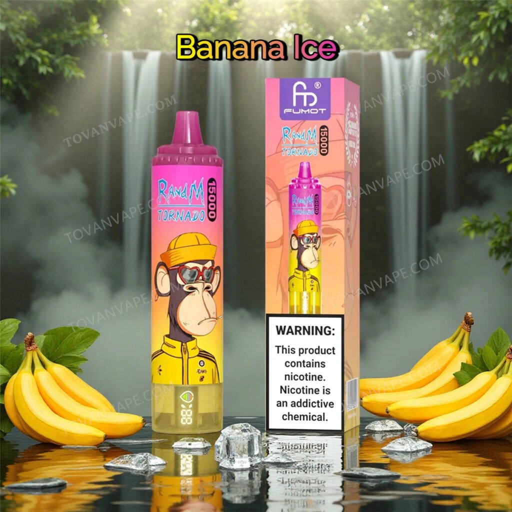 la sigaretta elettronica randm tornado 15k banana ice posizionata tra banane gialle e cubetti di ghiaccio trasparenti