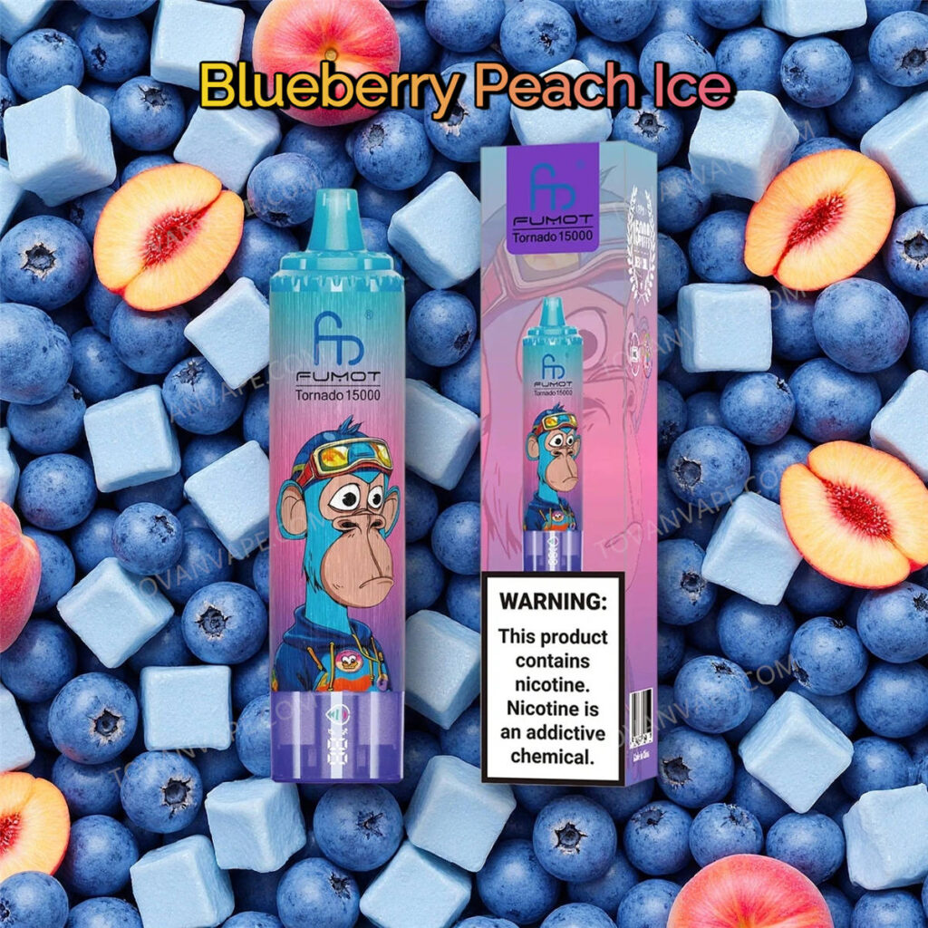 Die E-Zigarette randm tornado 15k blueberry peach ice, verziert mit reifen Pfirsichen, Heidelbeeren und Eiswürfeln