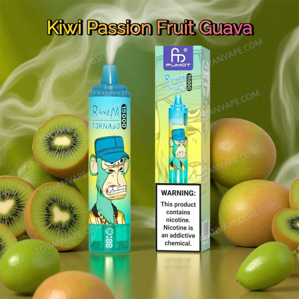 la sigaretta elettronica randm tornado 15k kiwi passionfruit guava circondata da kiwi freschi, metà di frutto della passione e guava tropicale la sigaretta elettronica randm tornado 15k kiwi passionfruit guava circondata da kiwi freschi, metà di frutto della passione e guava tropicale