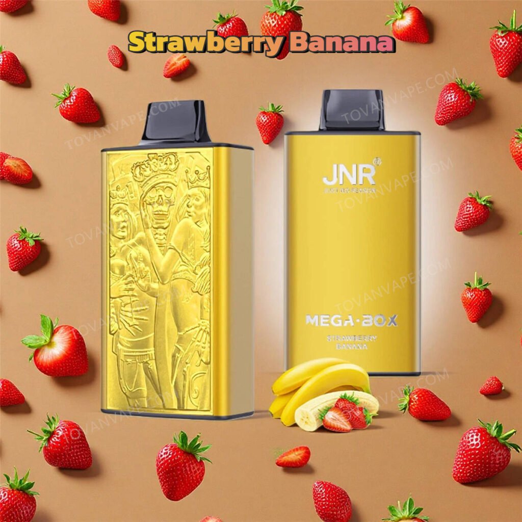 the strawberry banana version of jnr mega box 25k vape, displayed with freshly sliced strawberries and ripe bananas