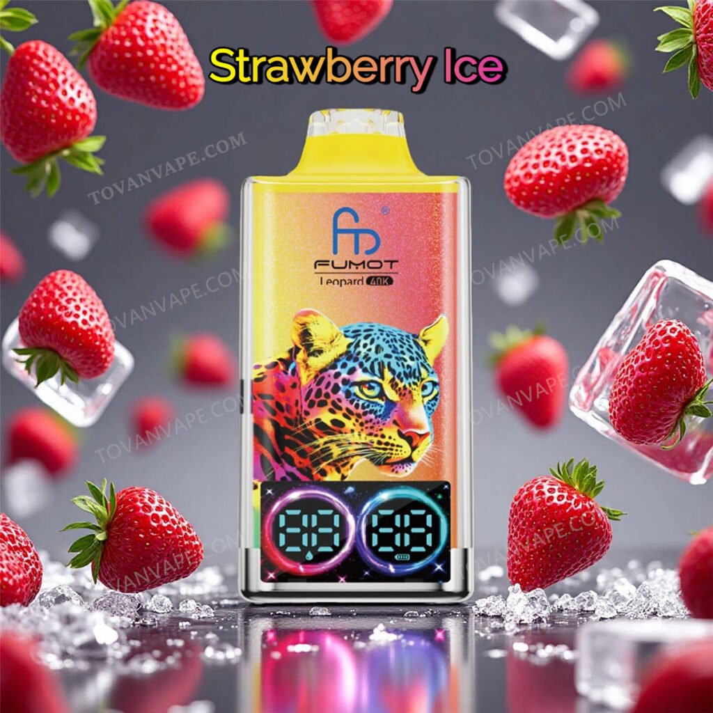 the strawberry ice fumot leopard 40k e cigarette, displayed alongside sweet strawberries and clear frosted ice pieces