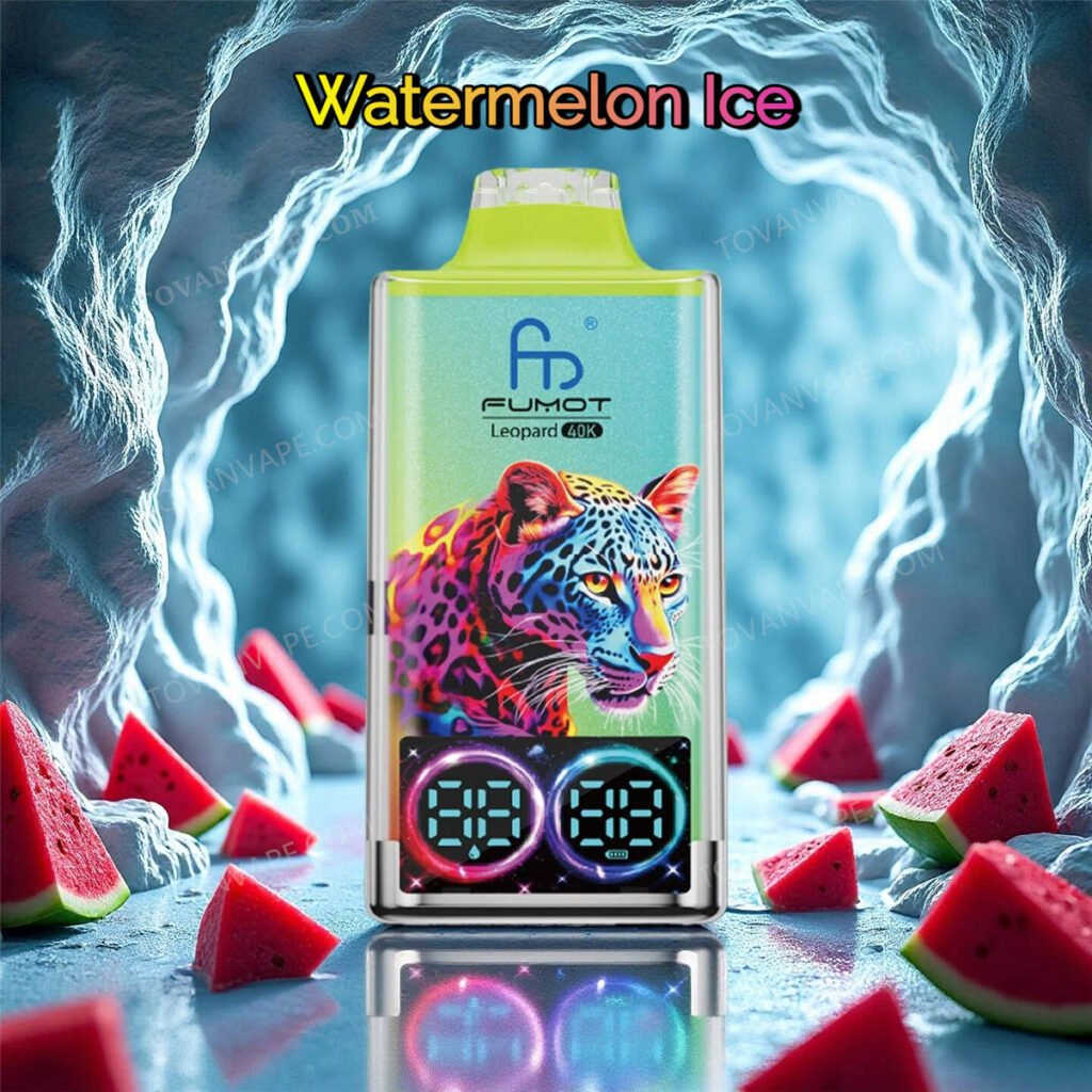 the watermelon ice flavored fumot leopard 40k, decorated with juicy cut watermelon and cooling ice blocks the watermelon ice flavored fumot leopard 40k, decorated with juicy cut watermelon and cooling ice blocks
